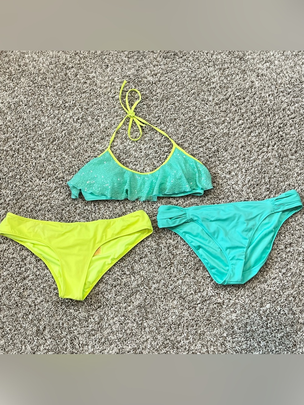 Victoria's Secret Sequins Neon Yellow & Aqua Three-Piece Bikini Set M/L